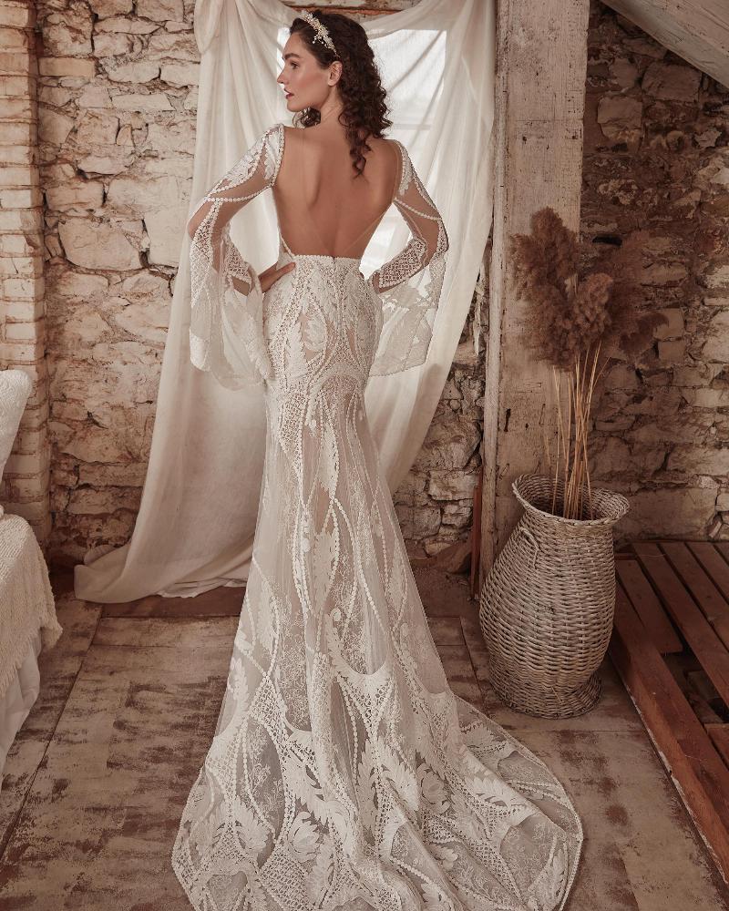 Lp2135 backless boho wedding dress with bell sleeves and lace2